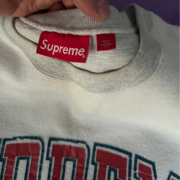 Supreme White Crewneck Sweater with Red Logo